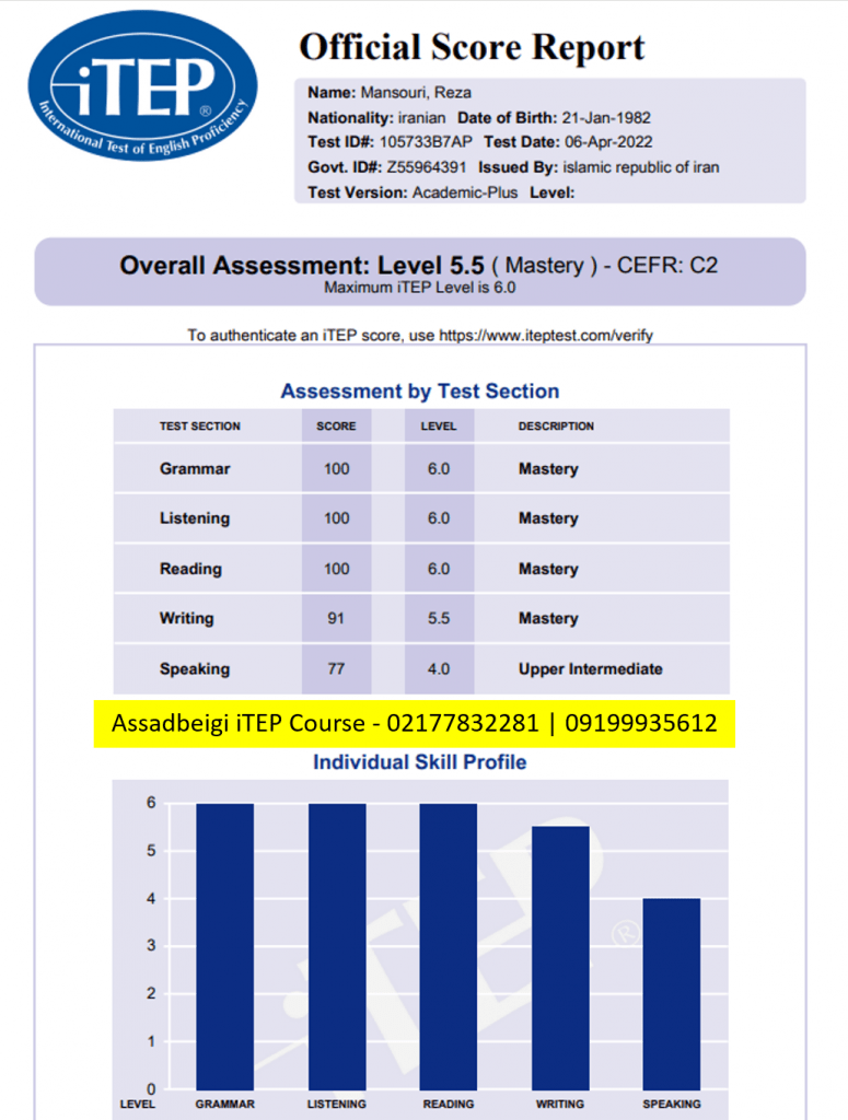 کارنامه آی تپ زبان آموز استاد اسدبیگی با نمره 5.5