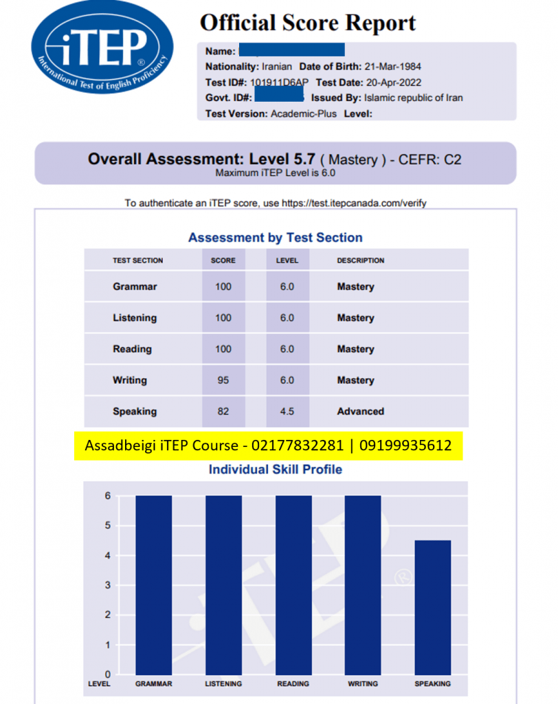 کارنامه آی تپ زبان آموز استاد اسدبیگی با نمره 5.7