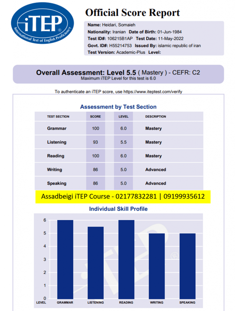کارنامه آی تپ زبان آموز استاد اسدبیگی با نمره 5.5