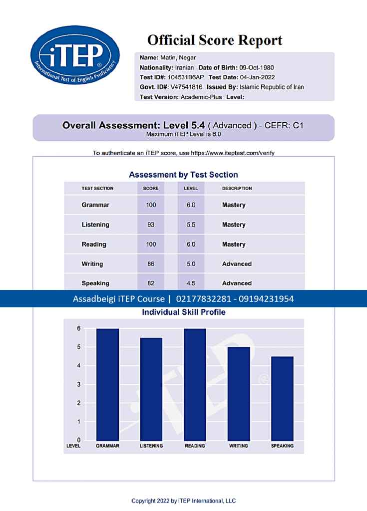 کارنامه آي تپ iTEP زبان آموز استاد اسدبیگی با Level 5.4